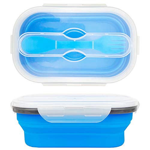 CARTINTS 800ml Collapsible Bento Lunch Box, Silicone Food Storage Container, with Leakproof Lids and Spoon, Microwave Freezer Safe, Blue