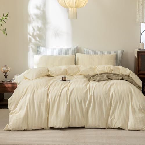 FOSSA Striped Duvet Cover Set 100% Washed Cotton Linen Feel Queen