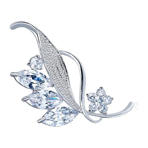 Hanie Silver Brooch for Women Flower Leaf White Cubic Zirconia with White Gold Plated Stainless Steel Chain can Also wear as Necklace Suitable for Dress Shirt Suit Sweater Coat in Winter Cover