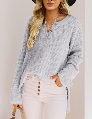 Women Oversized Sweaters V Neck Long Sleeve Tops Quarter Button Up Pullover Business Casual Clothing2