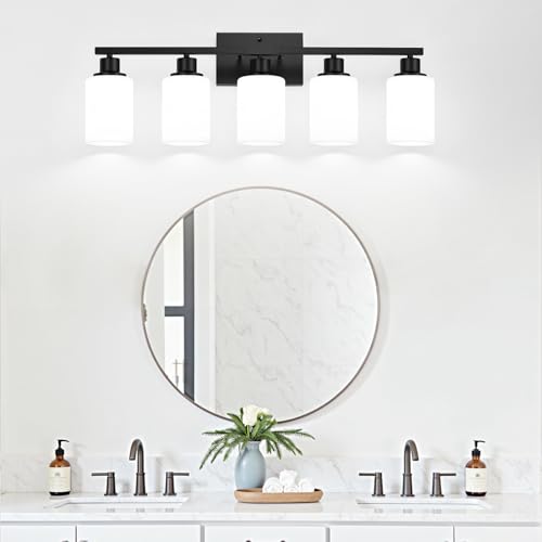 Image of Indoi 5-Light Bathroom Light Fixtures, Matte Black Modern Vanity Lights with Milky White Shades, Bathroom Wall Lamp for Mirror Living Room Cabinet Bedroom Porch