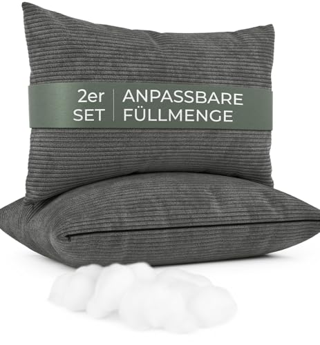 Sofakissen mit Füllung und Bezug 2er Set [extra bauschig] Cord Couchkissen groß 40x60 cm mit regulierbarer Dicke, Zierkissen Kord Bezug, Dekokissen für Sofa und Couch, dunkelgrau, Kordsamt Kissenbezug