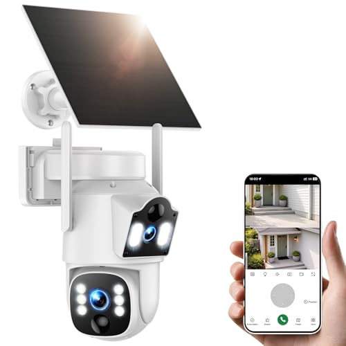 VOOPEAK Dual Lens Solar Security Cameras Wireless Outdoor, 360° PTZ Auto Tracking, 2K HD Color Night Vision, 4G LTE Cellular Security Camera with SIM Card, IP66 Waterproof, 2-Way Audio,No WiFi Needed