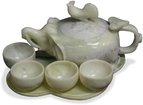 ChinaFurnitureOnline Jade Decorative Tea Set with Four Cups, Hand Carved Elephant and Rooster Motif Green
