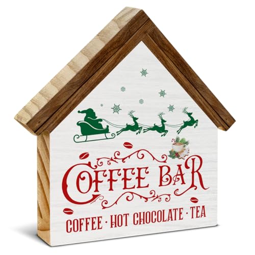 Vintage Christmas Coffee Bar Decor Kitchen Christmas Decorations Rustic House Shaped Wooden Sign Xmas Decor for Farmhouse Home Kitchen