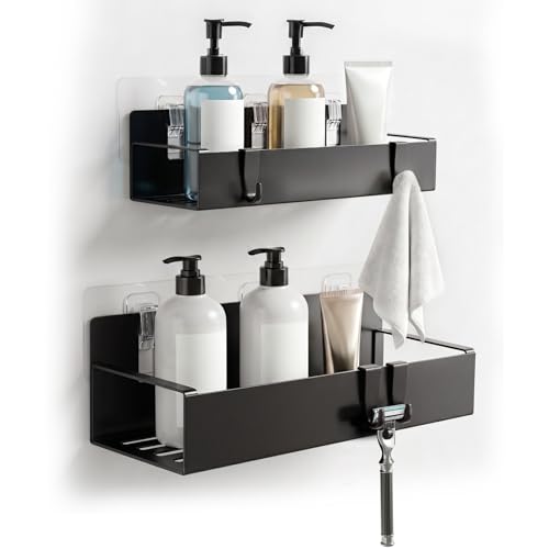 Solyxis 2 Unidades Estantería de Ducha sin Taladrar, Estantería de Baño en Acero Inoxidable, Estantería de Pared con 4 Ganchos Extraíbles, Organizador de Baño para Azulejos, Cristal, Negro