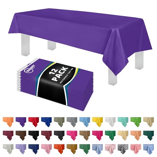 Image of Grandipity Plastic Table Cloth Disposable 12 Pack 54 inch x 108 inch Rectangle | Purple Plastic table covers, durable disposable tablecloths, fade and tear-resistent table cover for party, event