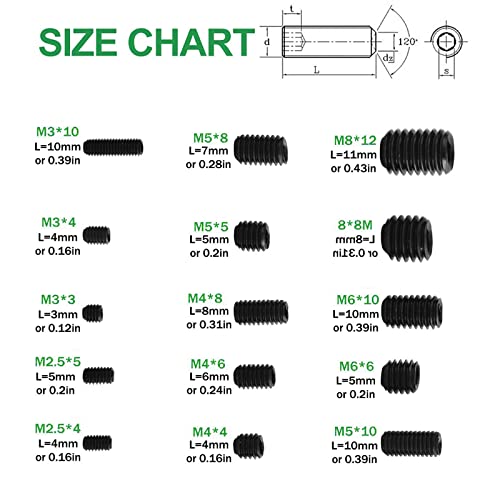 Foliv Set Screws - 300Pcs Hex Allen Head Socket Set Screw Assortment Kit - M2.5/M3/M4/M5/M6/M8 Grub Screw With Internal Hex Drive (Black) #TOP1