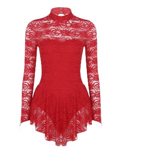 Maillot Ballet Mujer Maillot de ballet y gimnasia for mujer adulta, vestido danza contemporánea, mallas manga larga con encaje for patinaje artístico(Red,XL)