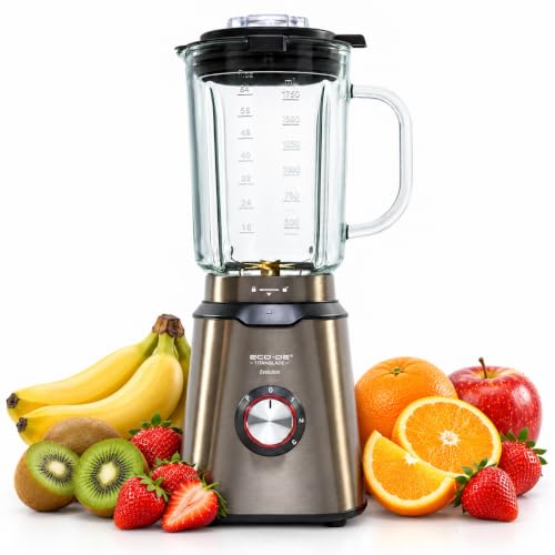 ECODE Batidora de Vaso Titanblade Pro 1000W, Jarra Cristal 1.75L | 6 Cuchillas Titanio, Pica Hielo, 3 Velocidades + Turbo, Seguridad, Antideslizante, Acero Inoxidable, Recetario Gratis