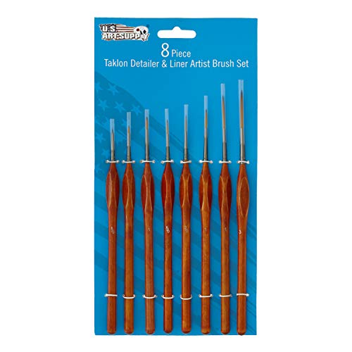 U.s. Art Supply 8 Piece Taklon Detail And Liner Artist Brush Set With Wood Comfort Grip Handles - Art, Detailing, Acrylic, Oil, Watercolor #TOP1