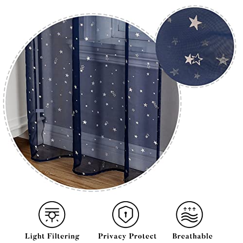 Wubodti Navy Blue Sheer Curtains For Boys Room Living Room Nursery Window 2 Panel, Beautiful Star Voile Light Filtering Bedroom Curtains & Drapes Window Treatments,39 X 79 Inch Rod Pocket #TOP3