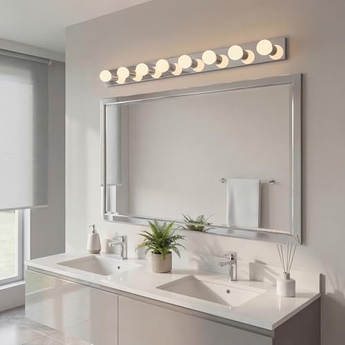 Image of Kichler 8-Light Linear Bathroom Vanity Light Fixture, 48 inch Chrome Bath Bar for Mirror Lighting with 60W Medium Base Bulbs, Modern Transitional Style (48 inch W x 4.25 inch H x 2 inch D), 626CH