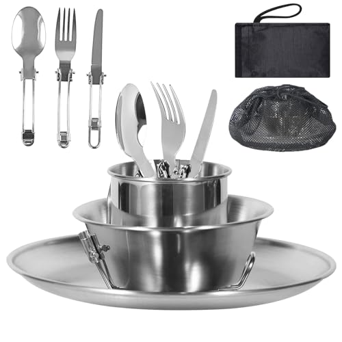 Camping Geschirr Edelstahl 8 Teiliges, mit Faltbare Besteck, Teller, Tasse, Schüssel, Netzbeutel, Camping Besteck Set, Outdoor Geschirr Set 1 Person für Wandern Camping Picknick, Campinggeschirr Set