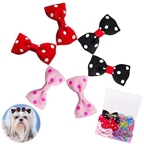 BENSEAO Dog Hair Clips Dog Bows Pet Hair Accessories 6Pcs/3 Pairs of Dogs Hair Clips for Dog Cat, 100 Rubber Bands, Puppy Hair Clips Storage Box (Dots)