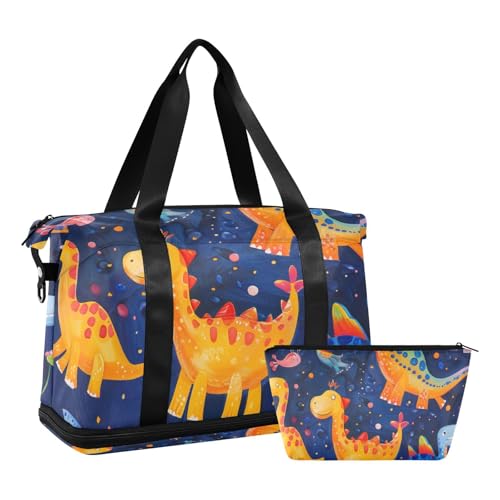 Cartoon Cute Colorful Dinosaurs Travel Tote Gym Bag Weekend Bag with Adjustable Strap for Airplane Traveling Foldable