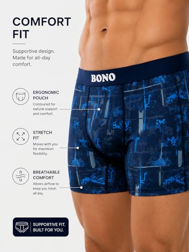 Image of BONO Men Cotton Blend Printed Trunk Combo Anti-Bacterial Moisture Wicking No Marks Stretchable Regular Fit Waistband Underwear Pack of 3 (Darkblue-Multicolor-TurquiseBlue-M)