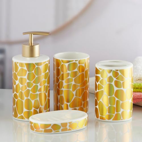 Image of Kookee Ceramic Bathroom Accessories Set of 4, Modern Bath Set with Liquid handwash Soap Dispenser and Toothbrush Holder, Luxury Gift Accessory for Home, Gold /White (10084)