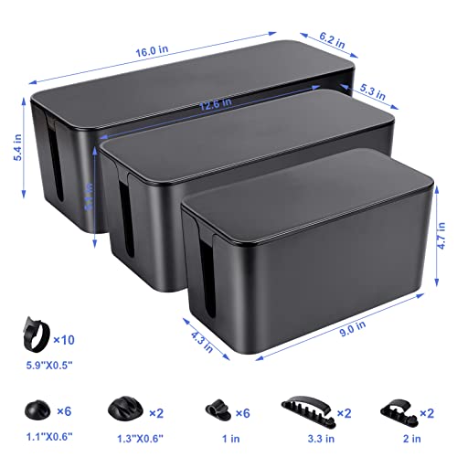 Cable Organizer Box Set of Three, Power Cover Cord Holder Surge Protector for Desk (Black)