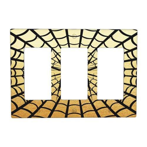 Decorative Outlet Covers Black Spider Spiderweb on Golden Background 3 Gang Outlet Cover Wall Plate Triple Rocker Light Switch Cover Plate Switch Plate Covers for Bedroom Decor