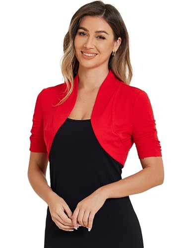 Image of Allegra K Short Sleeve Shrugs for Women Ruched Sleeve Open Front Cropped Bolero Cardigan