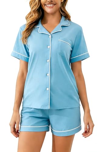 Image of 100% Cotton Pajama Sets for Women 2 Piece Long Sleeve Button Down Pjs Soft Comfy Ladies Sleepwear Lounge Sets S-XL