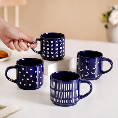 Image of Nestasia Stackable Ceramic Cups Set of 4 (220 ml) | Microwave & Dishwasher Safe Tea & Coffee Mugs with Glossy Finish | Ideal for Gifting (Blue)