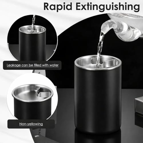 Image of NYRWANA Stainless Steel Windproof Ashtray with Lid | Rustproof, Easy-to-Clean Ash Holder for Smokers | Elegant Indoor Outdoor Ash Tray for Patio, Home, Office, Bar & Garden Use (Black)