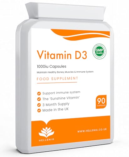 Vitamin D3 1000iu - 90 Capsules | Supports Bone, Immune, & Heart Health | 3 Month Supply | The Sunshine Vitamin - VIT D Capsules | GMP Certified Product | Made in The UK by Hellenia