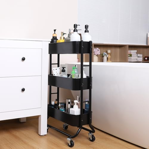 Image of MAX Houser Slim 3-Tier Rolling Utility Cart with Extra Hook, Black | Narrow Metal Bathroom Storage Multifunctional Organizer Carts with Wheels with Extra Hook, Laundry Room,Kitchen,Small Space