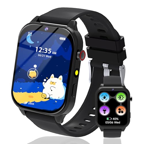 kaacly Reloj Inteligente Niño con Pantalla de 1,83', 18 Juegos, Monitor de Sueño, Podómetro, Cámara, Linterna, Smartwatch para Niñas y Niños y Adolescentes sin App ni Tarjeta SIM (Black)