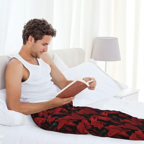 Mens Pajama Pants - Black Snake Red Flower Print Soft Sleep Lounge Pants For Men, Casual Pj Bottoms With Pockets 7