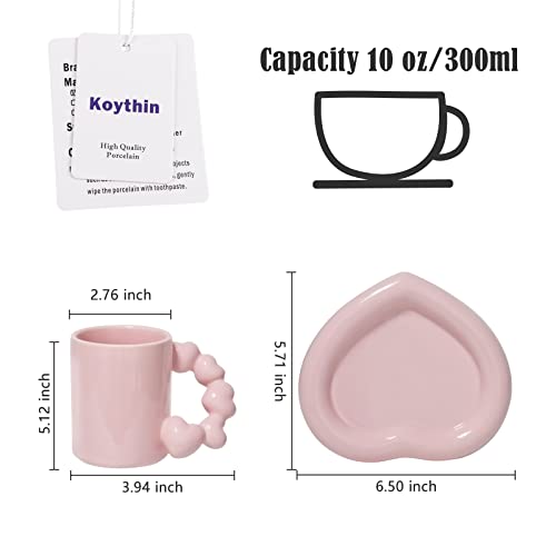 Koythin Ceramic Coffee Mug With Saucer Set, Cute Creative Electroplated Cup With Gourd Handle Love Heart Shape Design For Office And Home, 10 Oz/300 Ml For Latte Tea Milk (Peach Pink) #TOP1
