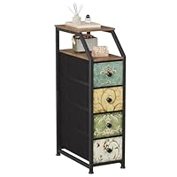 VEDECASA Fabric Chest of Drawers with 4 Drawers Tall Narrow Chest of Drawers Slim Storage Cabinet with Top Shelf Vintage Floral Motif for Hallway Bedroom Living Room, Sturdy Steel Frame Wooden Top