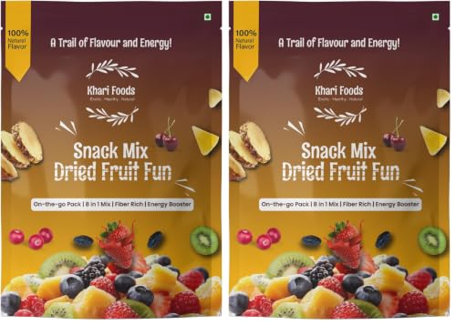 Image of Khari Foods Dried Fruits Snack Trail Mix, Natural Blend of Dried Dates, Apricots, Kiwi, Mango & More, Fibre & Antioxidant Rich, No Additives (200g) (Pack of 2)