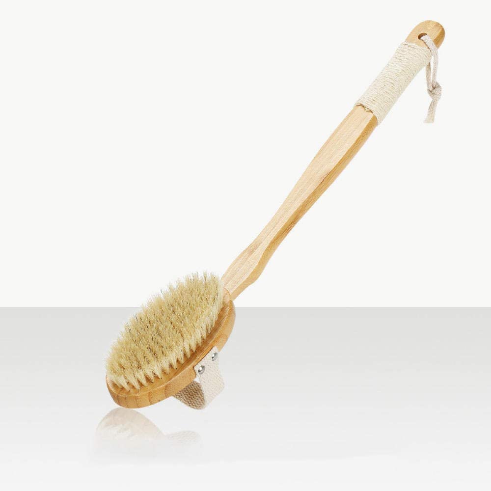 Esponja para la ducha, Cepillo corporal seco de jabalí con mango desmontable madera, tamaño 44,5x7cm