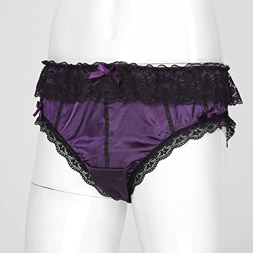 YiZYiF Men's Sissy Satin Frilly Lace Panties Ruffled Crossdress Underwear French Maid Bikini Briefs4