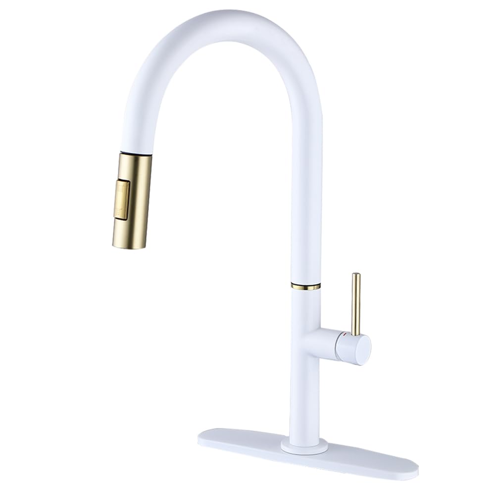 Single Handle White Kitchen Faucet with Nickel Gold Sprayer Kitchen Sink Faucets with Pull Down Sprayer Modern Faucets with Dual Function Spray