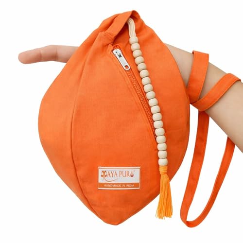 Image of Original Bhagwa Pure Cotton Gomukhi Japa Mala Bag Or Chanting Bag /Beads Bag With Zip Pocket And Sakshi Mala Counter For Daily Mantra Jaap, Saffron Color, travel, orange