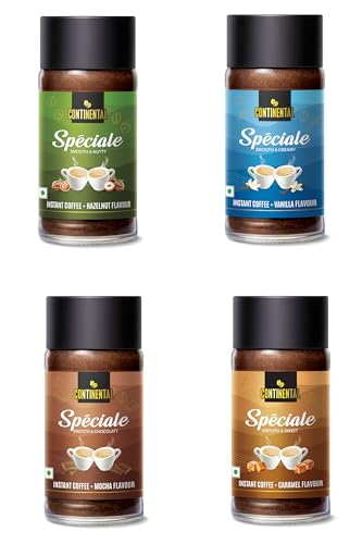 Image of Continental Speciale Flavoured Coffee Combo | PACK OF 4 | Each 50gm, 4 Flavors - Hazelnut, Vanilla, Mocha, Caramel | Makes 100 Cups | Instant Coffee powder for both Hot & Cold Coffee | Medium Roast
