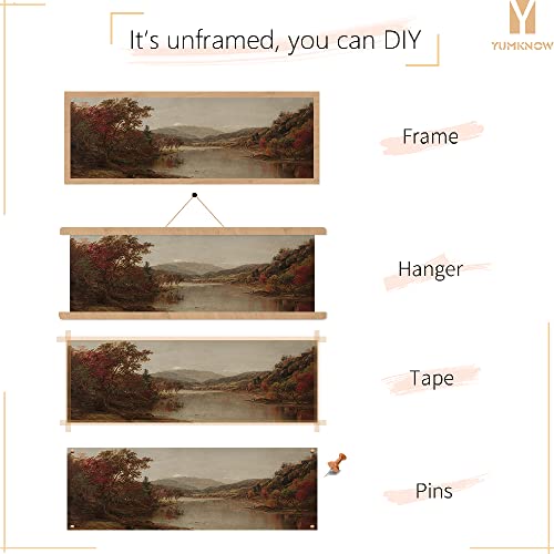 Vintage Farmhouse French Country Bedroom Wall Decor Above Bed - 10X30" - Horizontal Wall Art Over The Bed - Panoramic Landscape Picture Sign - Canvas Oil Painting Long Narrow Autumn Lake Print Poster #TOP6