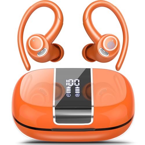 Image of Wireless Earbuds Bluetooth 5.3 Headphones Sports, 48H Earphone with ENC Mic, Stereo Deep Bass Bluetooth Earbud with Secure Earhooks, LED Display, IP7 Waterproof Over Ear Bud for Running Pumpkin Orange
