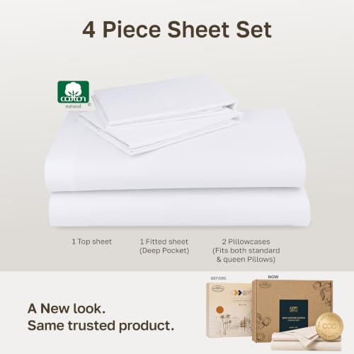 Image of Soft Natural 100% Cotton Sateen Queen Sheets, 4 Pc Set, Bright White