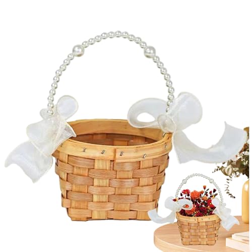 Cesta Tejida - Pequeño Recipiente redondoo Para Niña De Las Flores | Cesto Rústico De Ratán trenzadoo Con Asa Y Cinta, Organizador Decorativo Natural Para Bodas, Eventos Y Decoración Del Hogar.