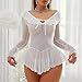 Slutty One-Piece Bodystocking for Women: Long Sleeve V Neck Jumpsuit with Ruffle Trim, Sexy Nightwear for Club Party White