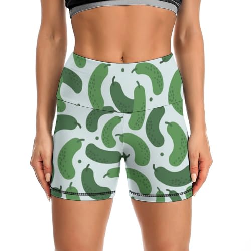 JYYAU Cartoon Cucumber Pattern High Waist Yoga Shorts for Women Athletic Shorts Leggings Running Pants Black