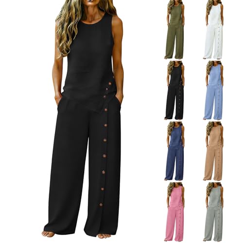 Linen Sets for Women 2 Piece Button Sleeveless Tank Tops with Wide Leg Pants Matching Set Casual Beach Outfits Black two piece summer set M