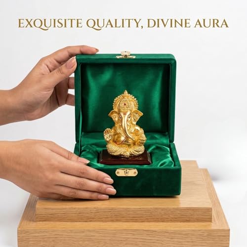 Image of 24K Gold Plated Ganesha Idol - 4 Inch Divine Seated Ganpati Statue on Premium Wooden Base - Auspicious Vastu Home Decor and Spiritual Gift with Anti-Tarnish Finish