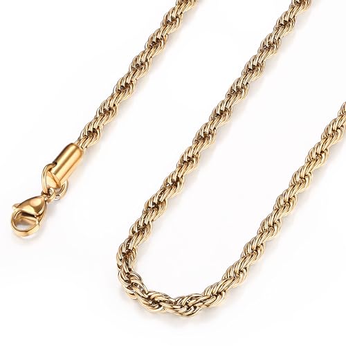 316L Stainless Steel Twist Chain for Men Women 2.5mm/3mm/4mm Wide Braided Twist Chain Necklace Silver/Gold/Black Twist Rope Chain Jewelry for Men Women 16-30 Inches Braided Twist Rope Chain