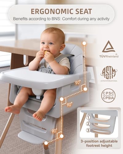 Image of Baby High Chair for 6 Months+, Foldable High Chairs for Babies and Toddlers, Convertible High Chair, Adjustable Tray & Footrest, Portable High Chair & Easy to Clean(Grey with Wood Grain)